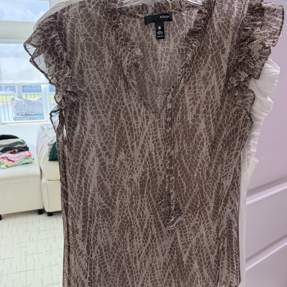 Aqua Snake Print Ruffle Sleeve Blouse